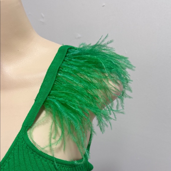 Green Feather-Trimmed Ribbed Top - Picture 2 of 4